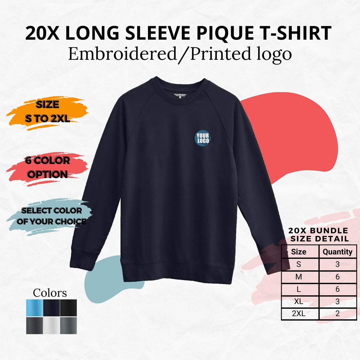 20X Long Sleeve Tee Shirt Bundle. Custom Print/Emb.